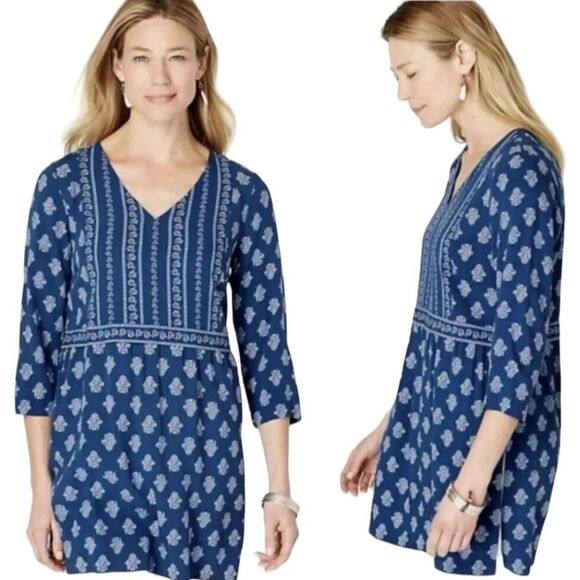 J Jill Woodblock Floral V-Neck 3/4 Sleeve Flowy Seaside Tunic Top Blouse Slits - Picture 1 of 16